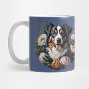 Tricolor Australian Shepherd Framed By Peonies Mug